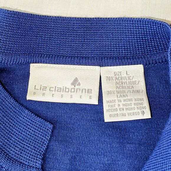 VTG Liz Claiborne Dress Women's Sz.Large Navy Gold Button Front Knit Midi Sheath - Picture 3 of 3